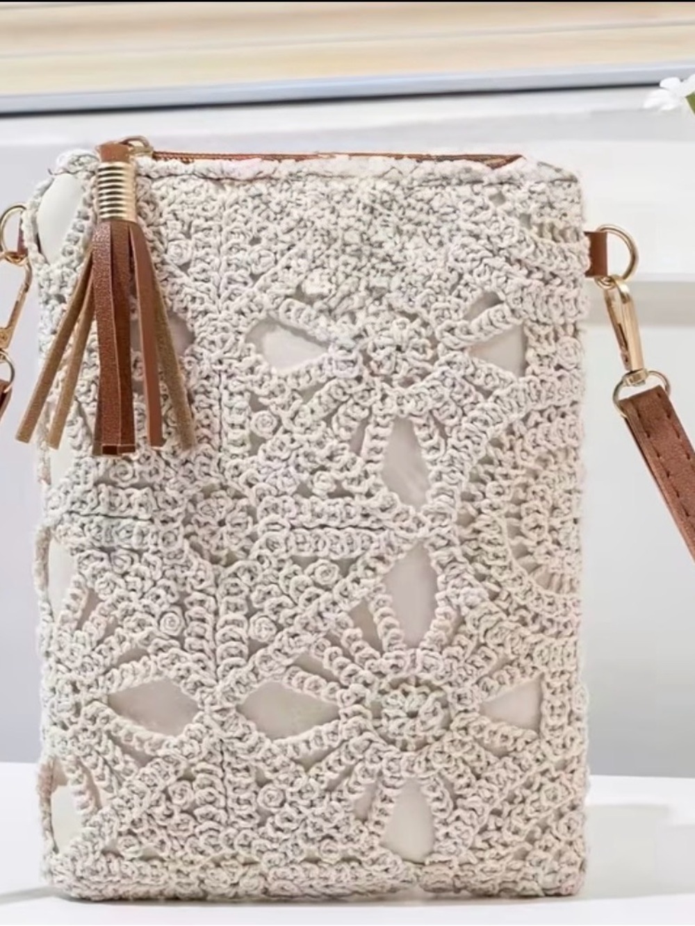 Crochet Floral Wristlet Clutch in Cream